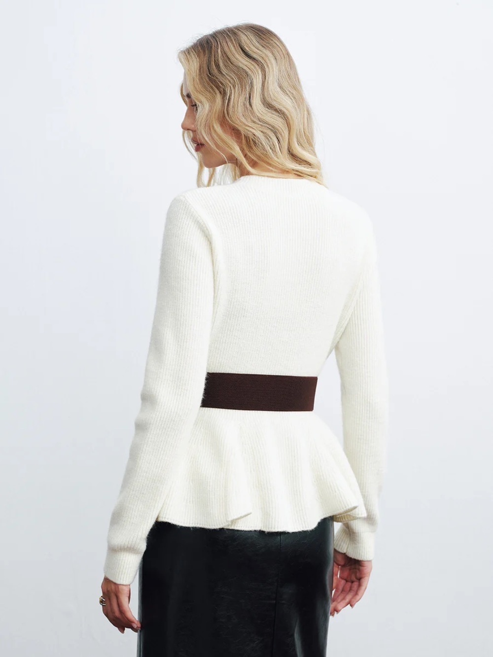 Commense Peplum Cable-Knit Top with Wide Belt - Picture 5 of 16